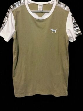PINK Victoria's Secret Olive Green Tee with White Sequin Sleeve Accents